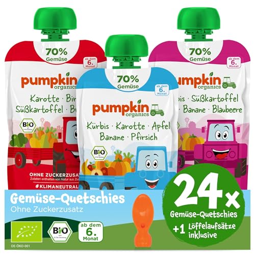 Pumpkin Organics 24er Pack ERSTE LIEBE Bio Gemüse-Quetschies mit 1 Löffelaufsatz - Quetschie ohne...