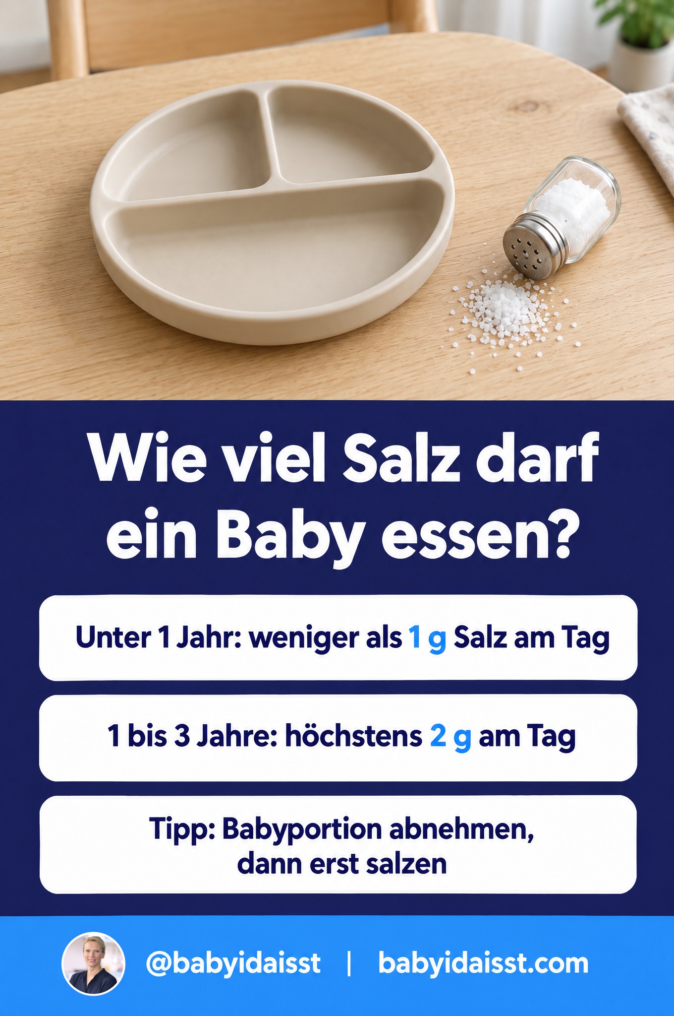 Wie viel Salz darf ein Baby essen: unter 1 Jahr weniger als 1 g Salz am Tag, 1 bis 3 Jahre höchstens 2 g