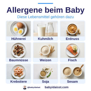 Allergene einführen beim Baby: Hühnerei, Kuhmilch, Erdnuss, Baumnüsse, Weizen, Fisch, Krebstiere, Soja und Sesam