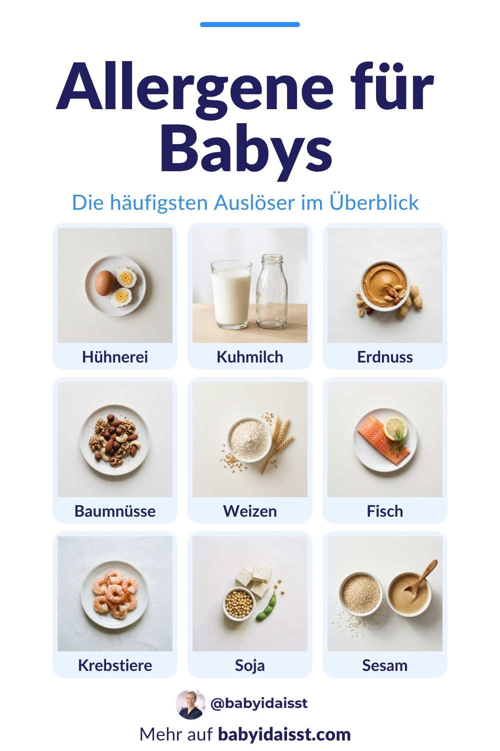 Allergene einführen beim Baby: Liste der häufigsten Allergene mit Hühnerei, Kuhmilch, Erdnuss, Baumnüssen, Weizen, Fisch, Krebstieren, Soja und Sesam