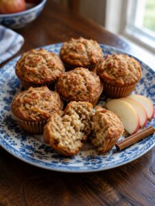 Apfelmuffins ohne Zucker für Babys mit Apfel und Zimt auf einem Teller, ein Muffin aufgebrochen