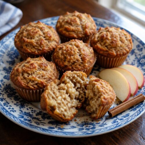 Apfelmuffins ohne Zucker für Babys mit Apfel und Zimt auf einem Teller, ein Muffin aufgebrochen