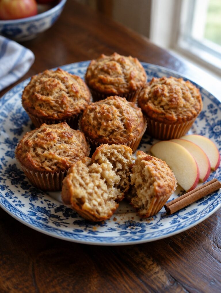 Apfelmuffins ohne Zucker für Babys mit Apfel und Zimt auf einem Teller, ein Muffin aufgebrochen