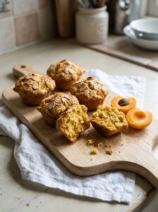Aprikosen-Mandel-Muffins ohne Zucker auf einem Holzbrett, ein Muffin aufgebrochen