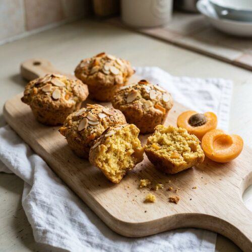 Aprikosen-Mandel-Muffins ohne Zucker auf einem Holzbrett, ein Muffin aufgebrochen