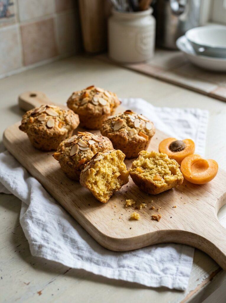 Aprikosen-Mandel-Muffins ohne Zucker auf einem Holzbrett, ein Muffin aufgebrochen