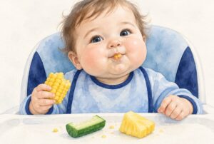 Baby stopft sich den Mund voll: Baby im Hochstuhl mit vollen Backen, Maiskolben in der Hand