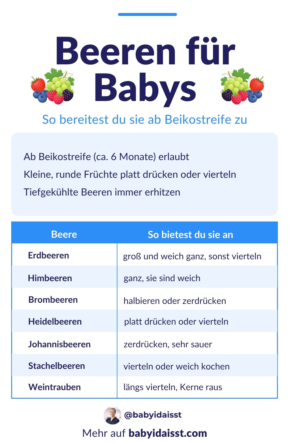 Tabelle: Welche Beeren dürfen Babys ab Beikostreife essen und wie du Erdbeeren, Himbeeren, Brombeeren, Heidelbeeren, Johannisbeeren, Stachelbeeren und Weintrauben zubereitest