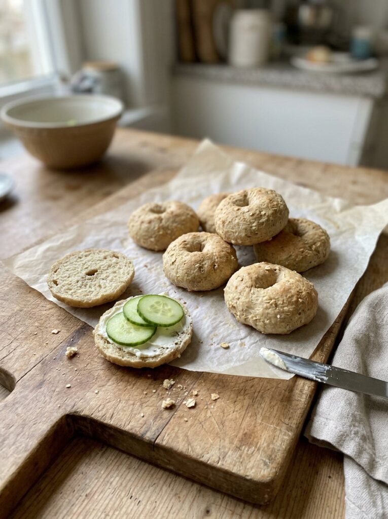 Hafer-Bagels mit Quark, einer mit Frischkäse und Gurke belegt
