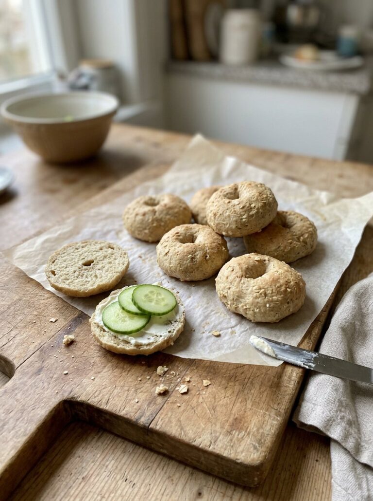 Hafer-Bagels mit Quark, einer mit Frischkäse und Gurke belegt