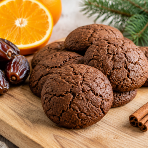 Selbst gebackene Lebkuchen ohne Zucker für Babys, gesüßt mit Datteln, mit Orange und Zimtstangen