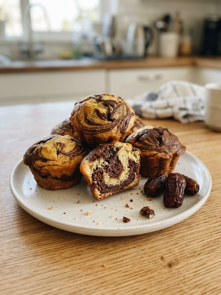 Marmormuffins ohne Zucker, ein Muffin aufgeschnitten mit Marmormuster
