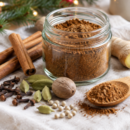 Selbst gemischtes Spekulatiusgewürz im Glas mit Ceylon-Zimt, Nelken, Kardamom, Muskatnuss und Ingwer