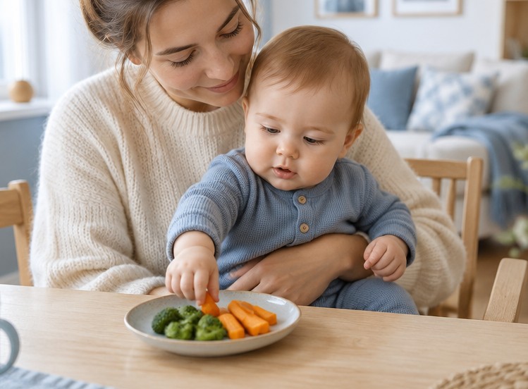 Stillen und Beikost: Mutter hält ihr Baby auf dem Schoß am Esstisch, das Baby greift nach Brokkoli und Karottenstiften