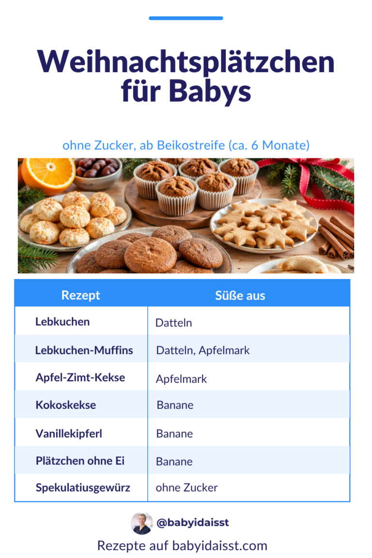 Übersicht Weihnachtsplätzchen für Babys ohne Zucker ab Beikostreife: Lebkuchen und Lebkuchen-Muffins mit Datteln, Apfel-Zimt-Kekse mit Apfelmark, Kokoskekse, Vanillekipferl und Plätzchen ohne Ei mit Banane, Spekulatiusgewürz ohne Zucker.
